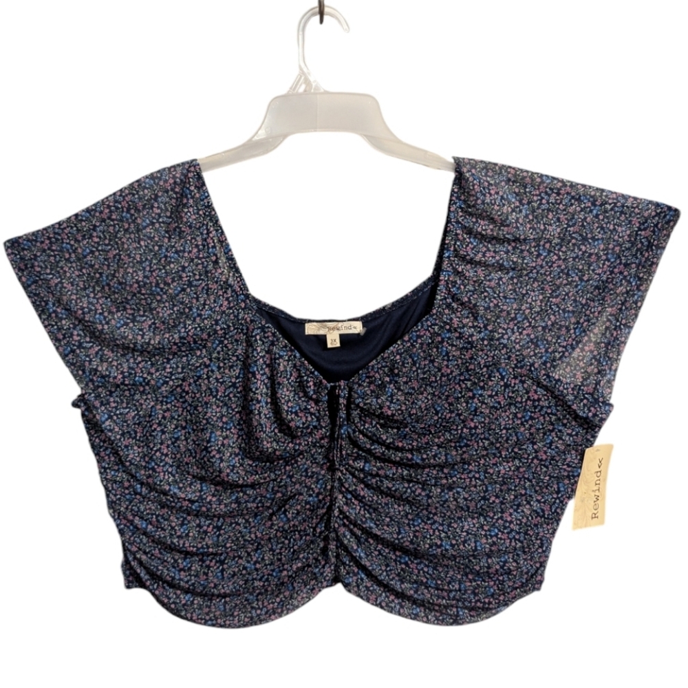 Rewind Womens Short Sleeve Cropped Blouse 3X Blue Floral Ruching W-217